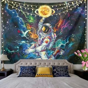 Multicolor Trippy Astronaut Space Tapestry Wall Art